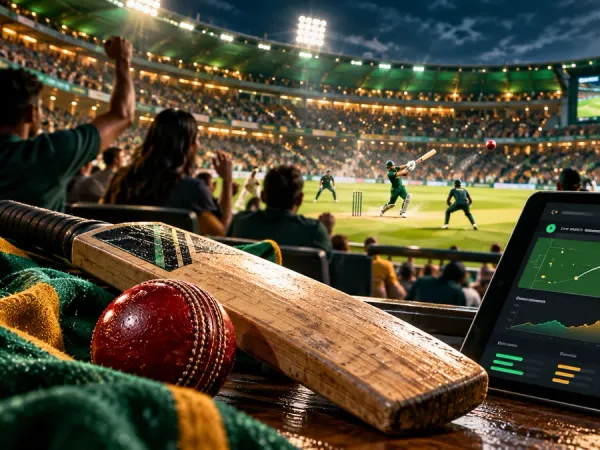 p88 Cricket bat and ball beside a match dashboard in a floodlit stadium