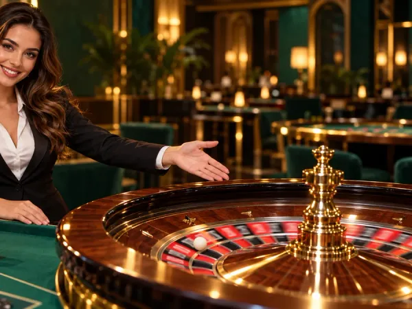 p88 Female dealer presenting a roulette wheel and chips at a green casino table