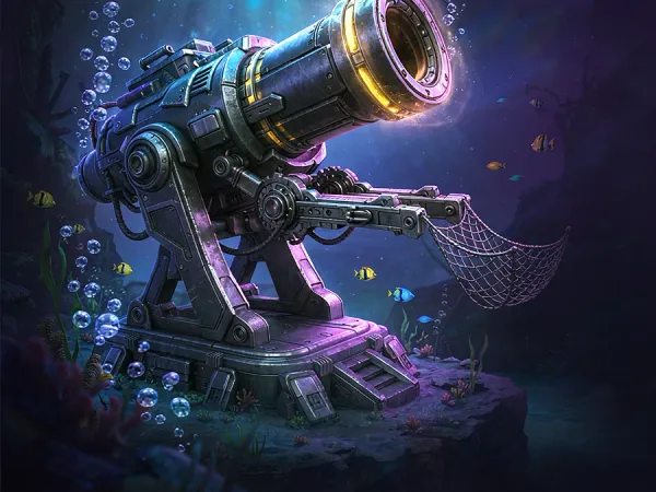 p88 Illustrated underwater cannon facing a school of fish