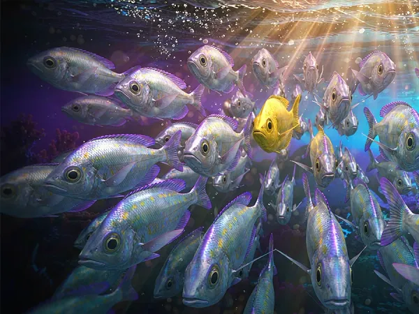 p88 School of fish swimming among floating coins