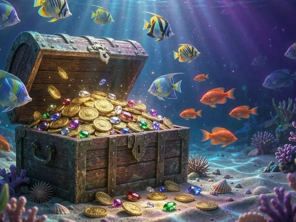 p88 Open treasure chest with coins and fish underwater
