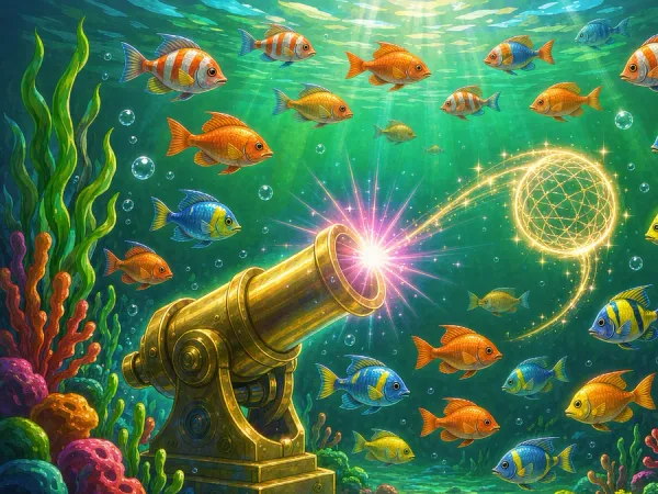 p88 Golden cannon firing a glowing net at colourful fish underwater