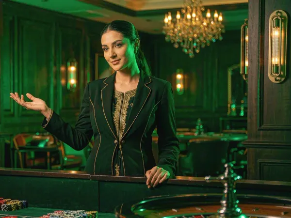 p88 Woman gesturing towards a roulette wheel beside stacked chips