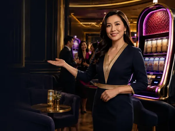 p88 Woman in a dark blazer standing beside a slot machine in a dim lounge