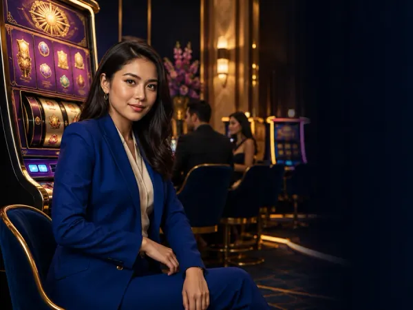 p88 Woman in a blue suit seated beside slot machines in a warm-lit lounge