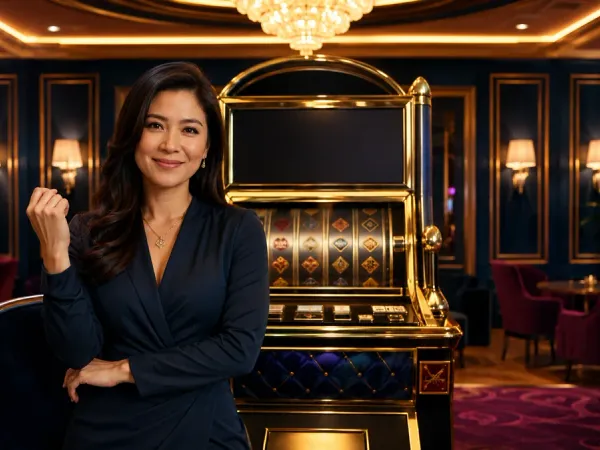 p88 Woman seated before a gold-framed slot machine in an elegant lounge