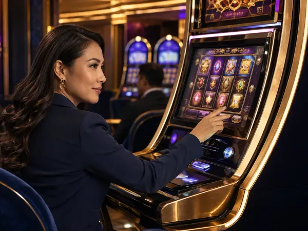 p88 Seated woman looking back from a slot machine with golden trim