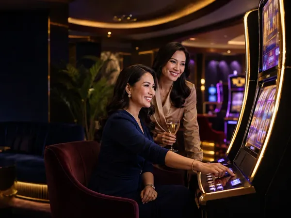 p88 Two women seated together at slot machines in a dark lounge