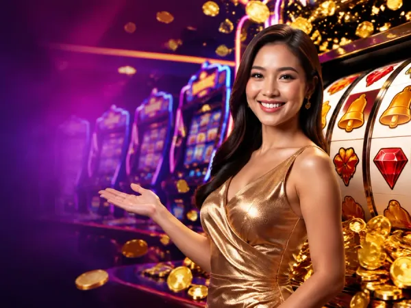 p88 Woman in a gold dress beside a slot machine and scattered gold coins