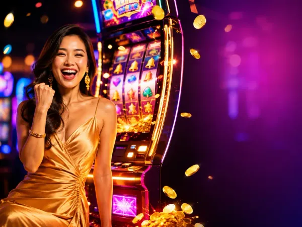 p88 Woman beside gold-framed slot reels under bright casino lighting
