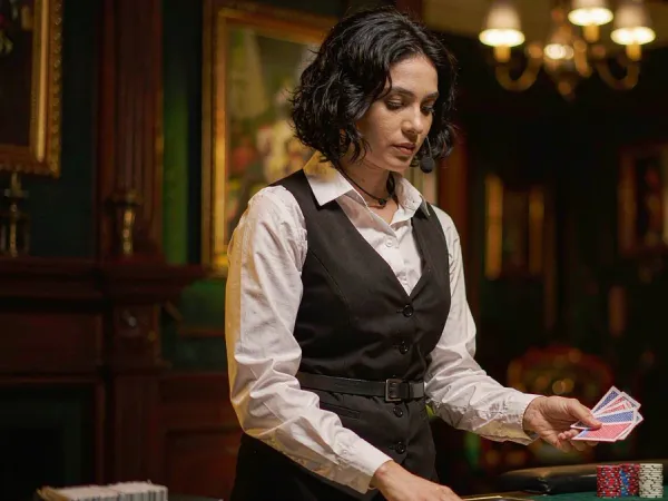 p88 Dealer dealing cards onto a green table with chip stacks