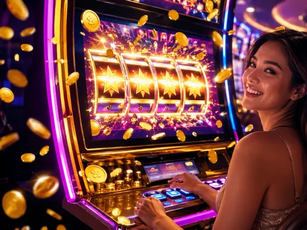 p88 Woman looking towards golden slot reels with star symbols