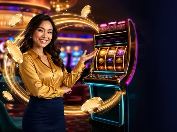 p88 Woman in a gold blouse presenting a slot machine with a sweeping gold arrow