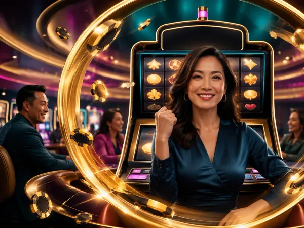 p88 Woman in a blue blouse framed by a gold ring in front of slot reels