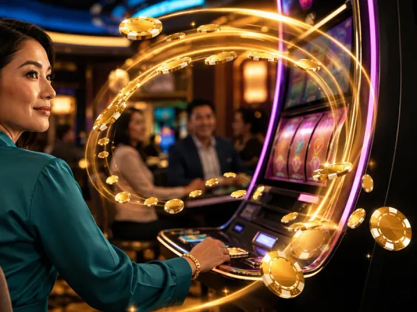 p88 Seated woman looking towards a slot machine surrounded by gold light trails