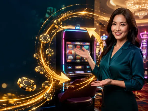 p88 Woman in a teal blouse beside slot reels and a circular gold light trail
